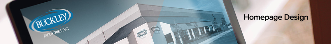 Text reading “Home Page” and a monitor showcasing the Buckley Industries website and logo.